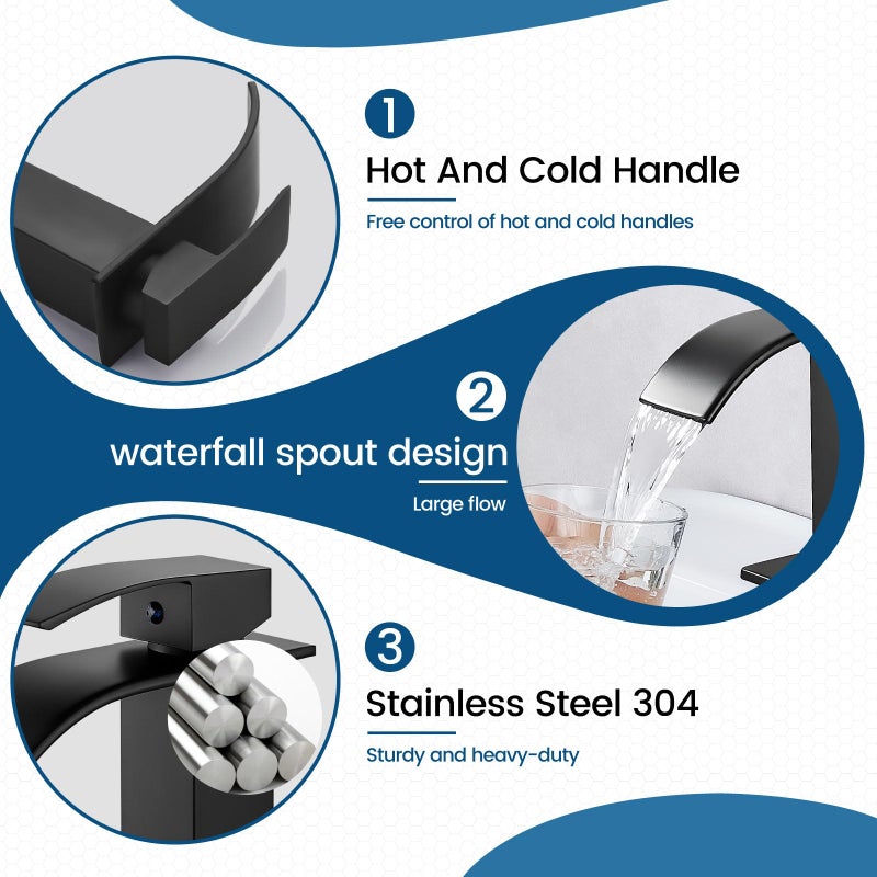 Airuida Matte Black Waterfall Bathroom Faucet, Single Handle Single Hole Bathroom Sink Faucet Deck Mount Mixer Tap with Deck Plate, Rv Lavatory Vanity Washbasin Faucet - Image 4